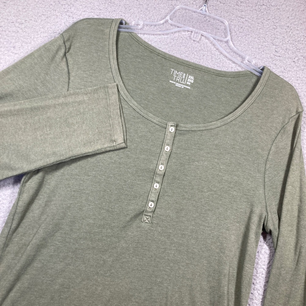 Time and Tru Henley Top Womens XXL 20 Green Ribbed Long Sleeve Scoop Neck